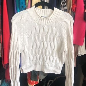White BR Cropped High Neck Cable sweater
